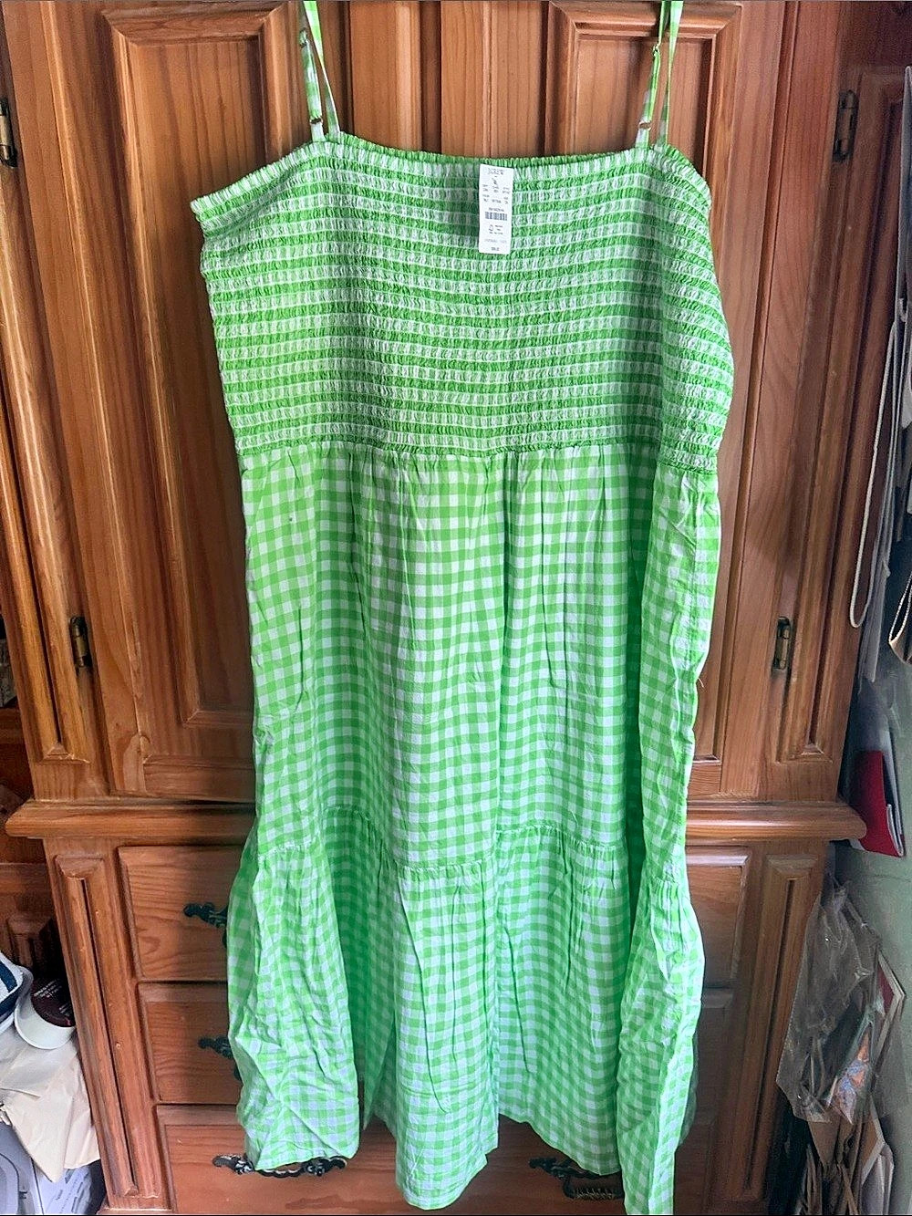 J.Crew Lina Smocked Midi Dress in Gingham Green & White Size 3X
